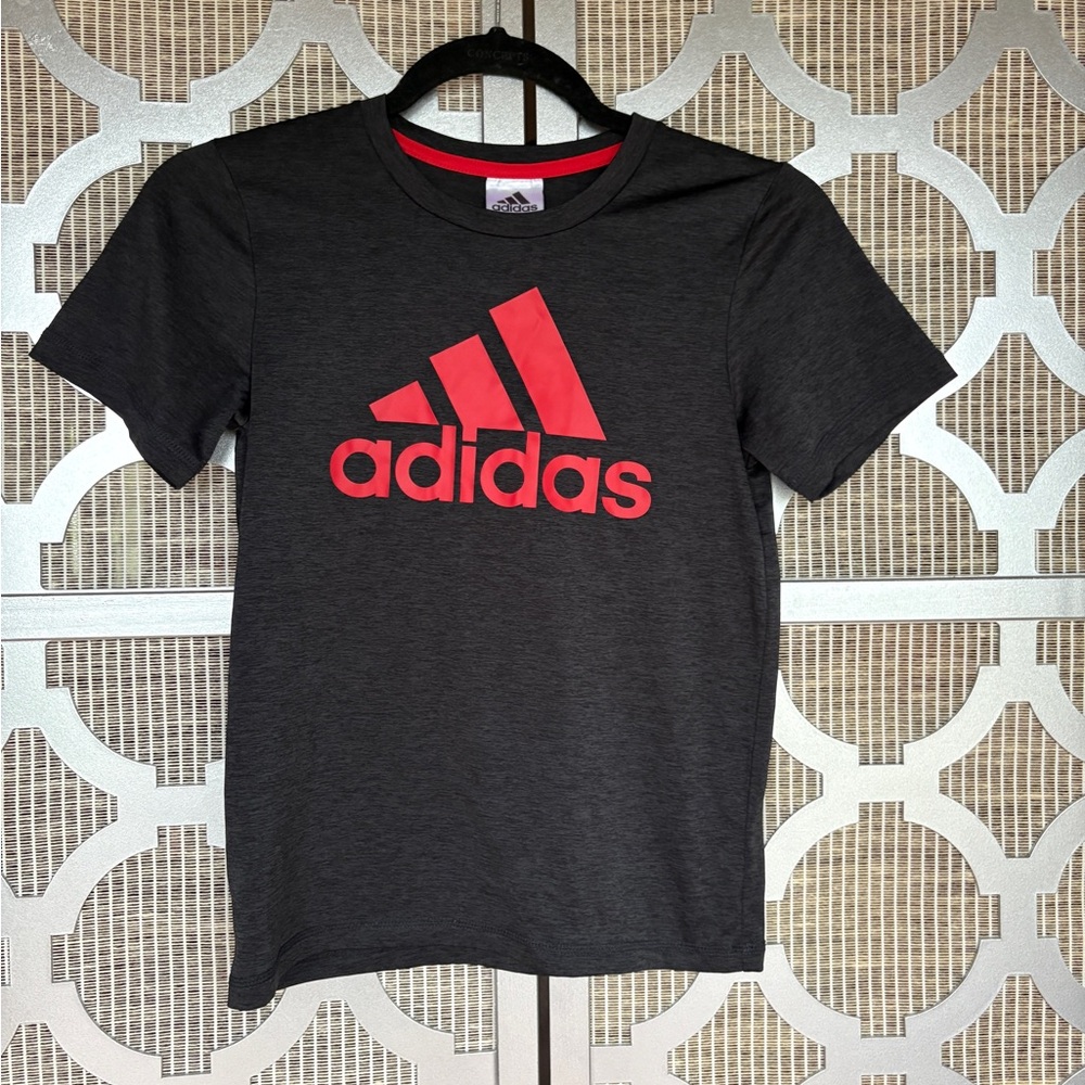 Boys Adidas Kids Dark Gray and Red Logo Tee
